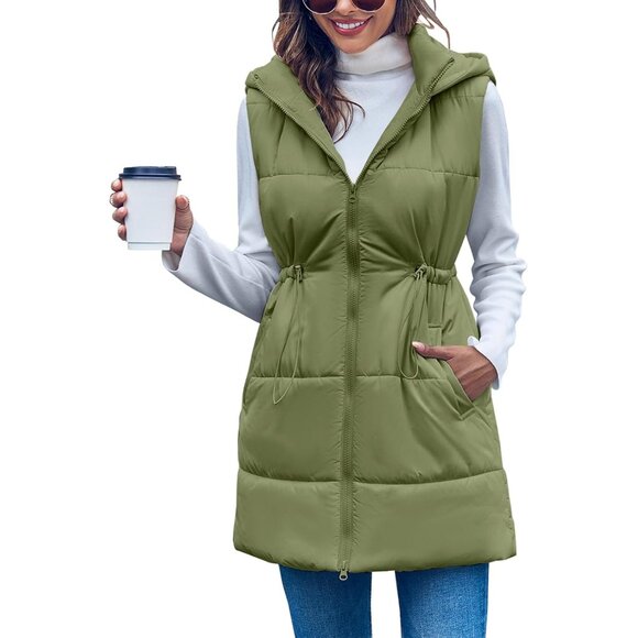 Womens Quilted Puffer Vests Hooded Sleeveless Long Outwear Jacket Zip Up Winter